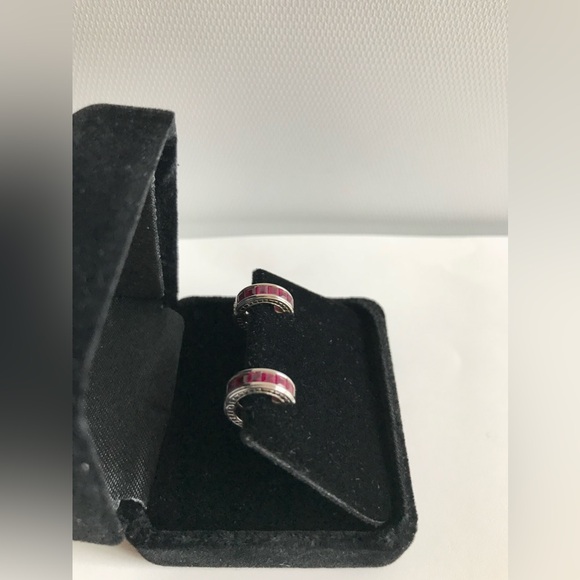 RUBY HOOP EARRINGS 14k White Gold Huggie Style Hoop Earrings July Birthstone - Picture 6 of 14